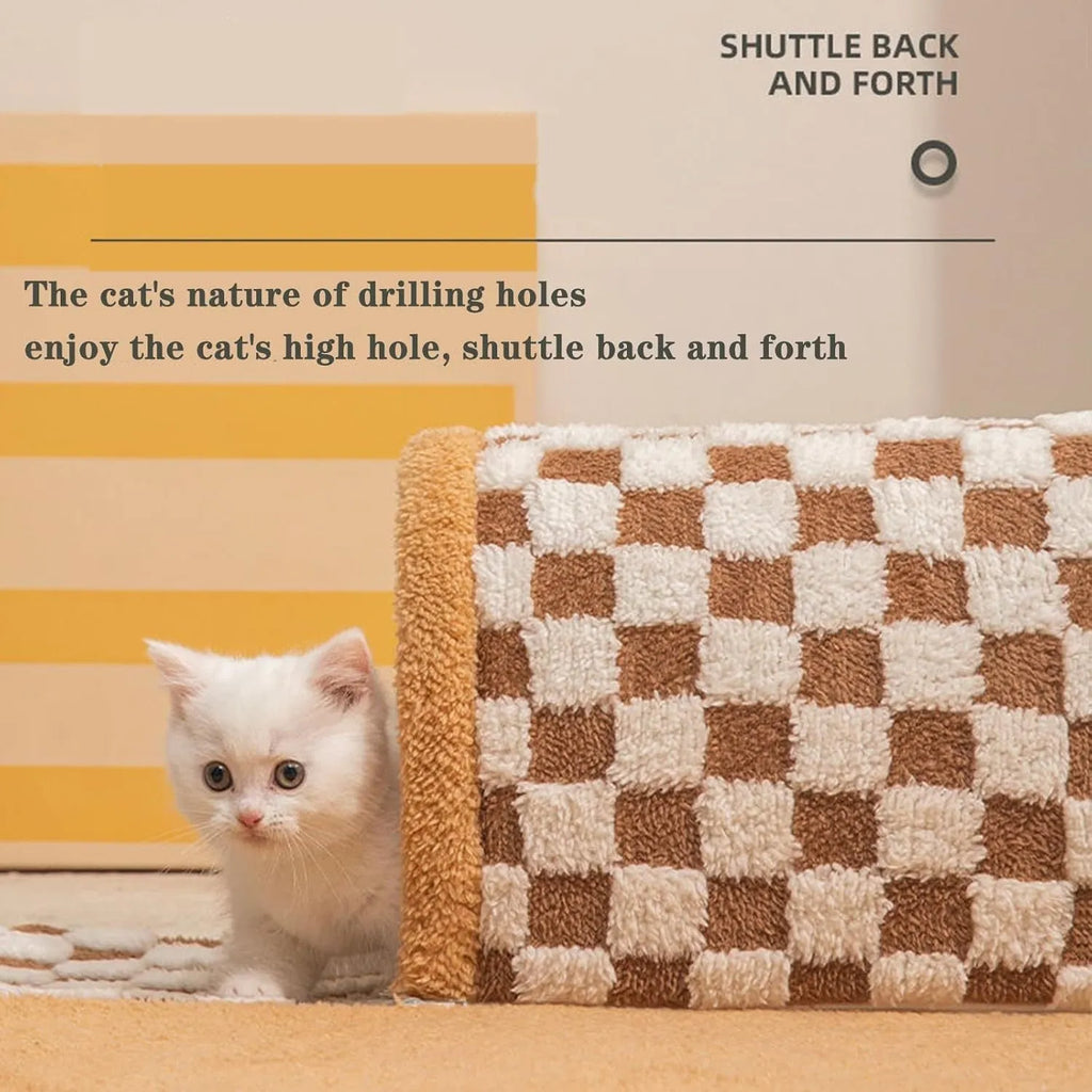 Brown plush plaid XL cat tunnel bed with central mat and non-slip bottom for indoor cats.