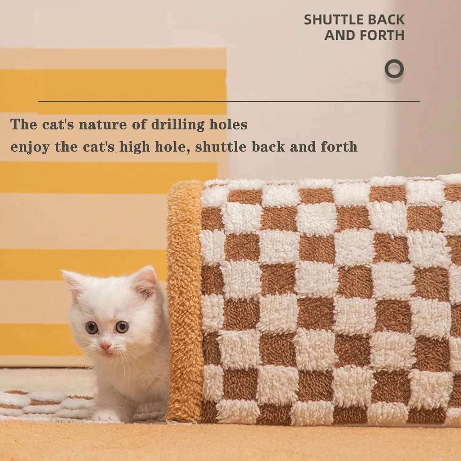 Brown plush plaid XL cat tunnel bed with central mat and non-slip bottom for indoor cats.