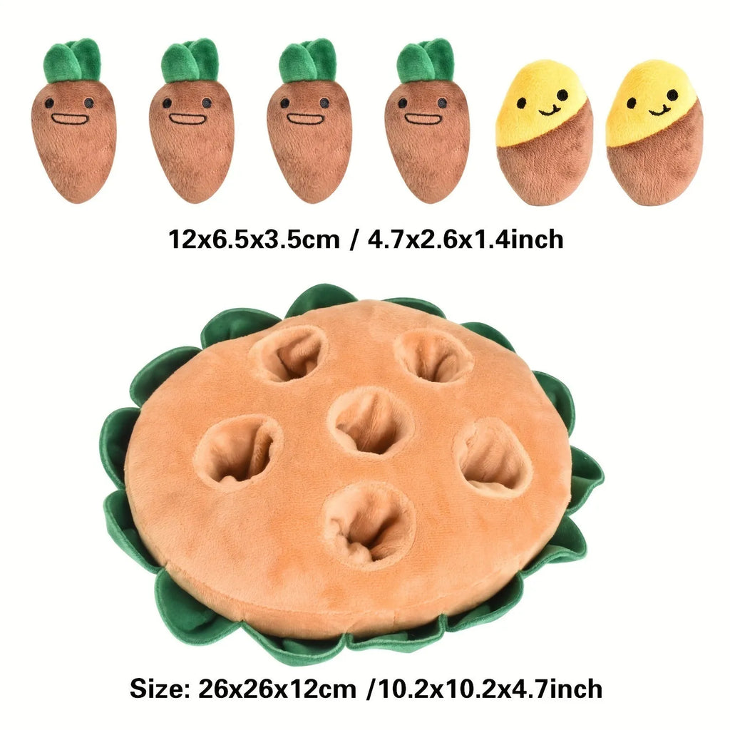 Yellow interactive dog puzzle toy with sniffing pads and removable squeaky plush toys on feeding mat