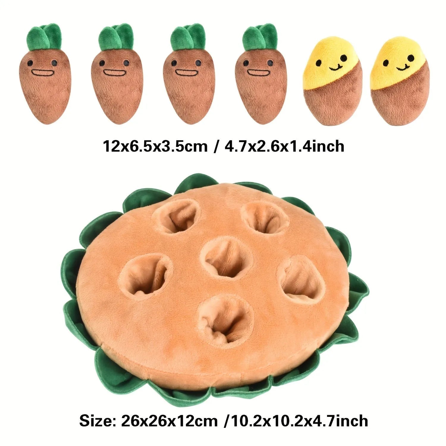 Yellow interactive dog puzzle toy with sniffing pads and removable squeaky plush toys on feeding mat