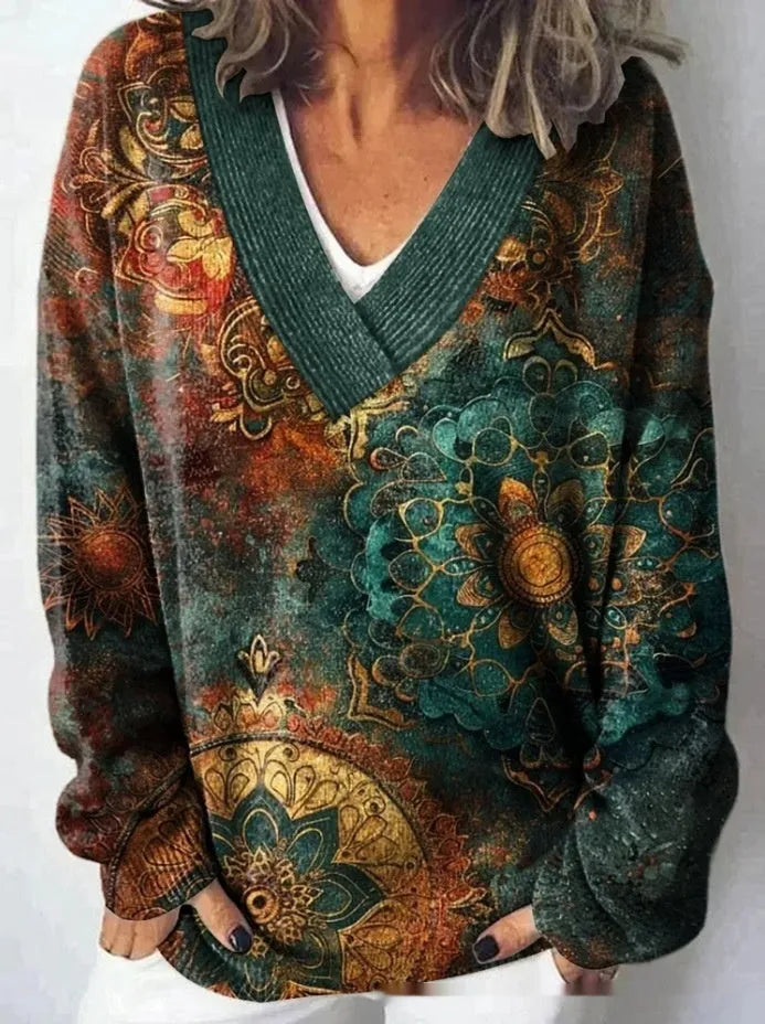 Women's V-neck sweatshirt with 3D floral printed pattern in art retro style