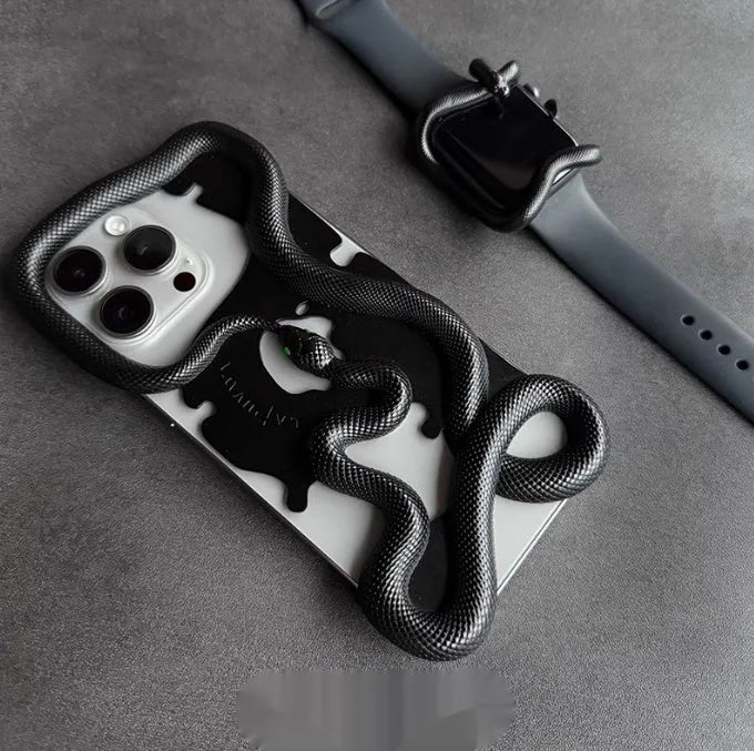 Black tailed snake hollowed decorative phone case for iPhone 16 Pro Max with stone pattern finish