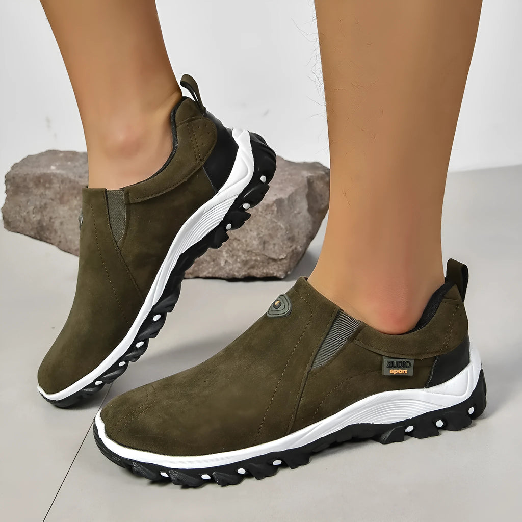 Men's grey thin slip-on oversleeve shoes with round toe and rubber sole