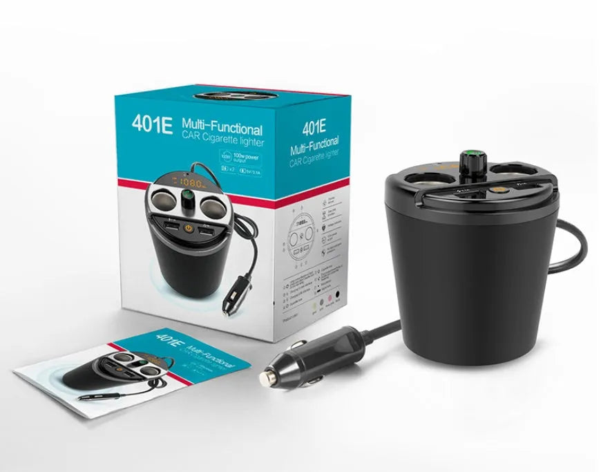 Car Bluetooth MP3 player FM transmitter with dual USB charger in cup holder design available in black grey gold