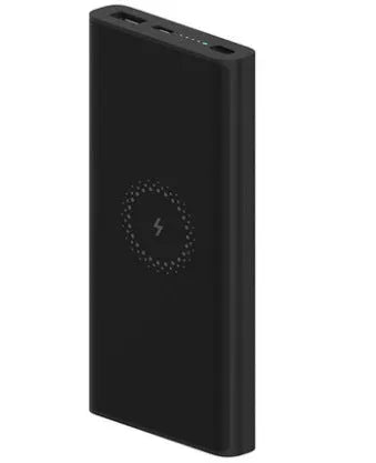 Black and white 10000 mAh power bank with USB Type-C port and wireless charging surface.