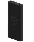 Black and white 10000 mAh power bank with USB Type-C port and wireless charging surface.