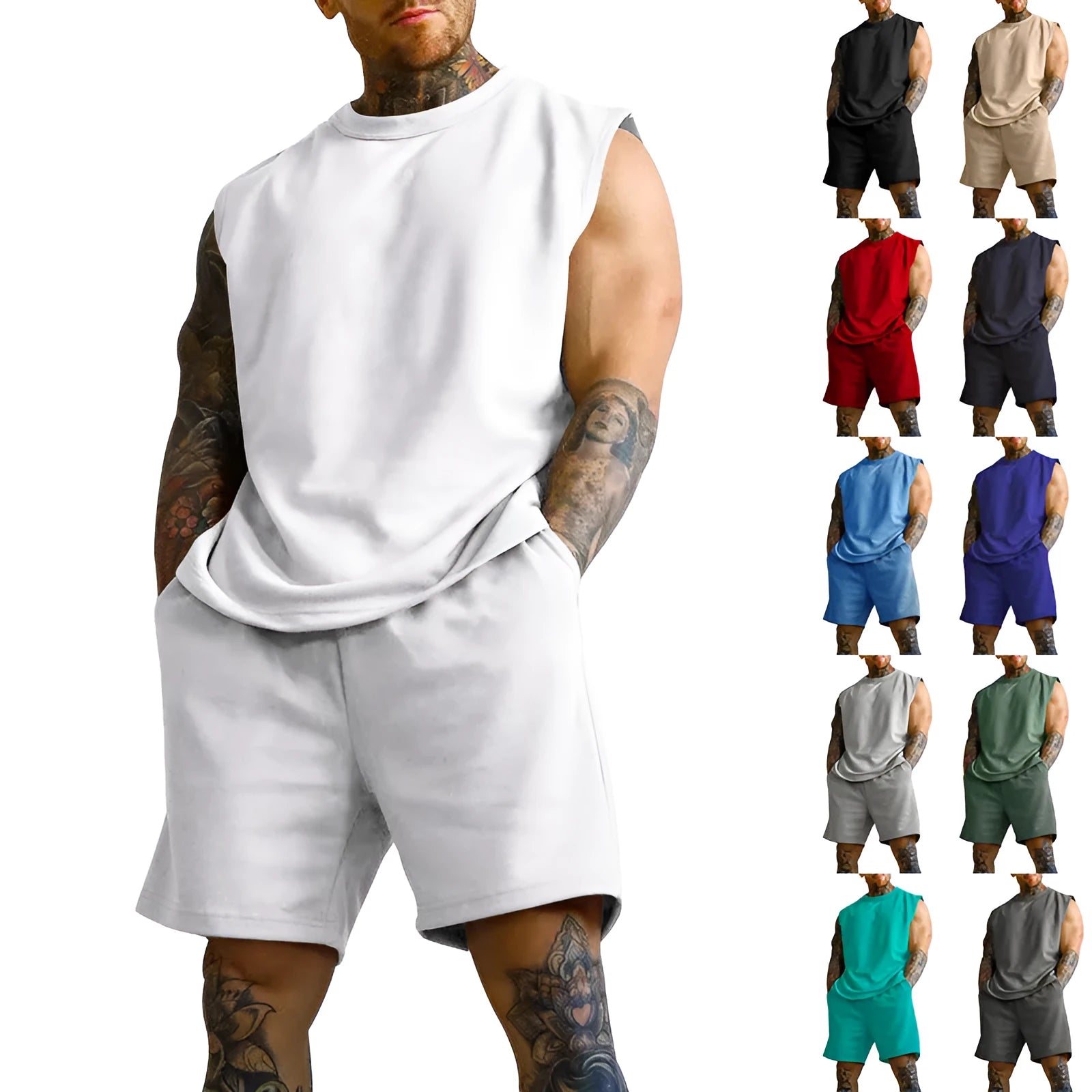 Men's sleeveless cotton blend sports suit showing top and shorts in a solid colour.
