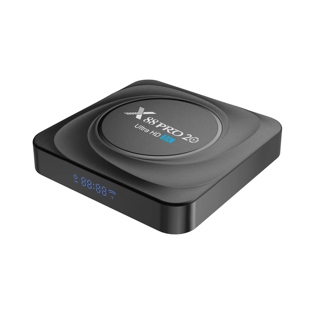 Android TV set-top box with remote control and HDMI cable on a colour box packaging.