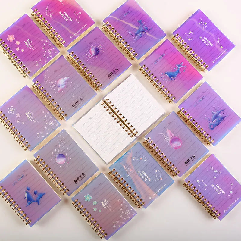 A7 spiral notebook with PP plastic cover showing Constellation, Sakura, Ocean, or Universe patterns