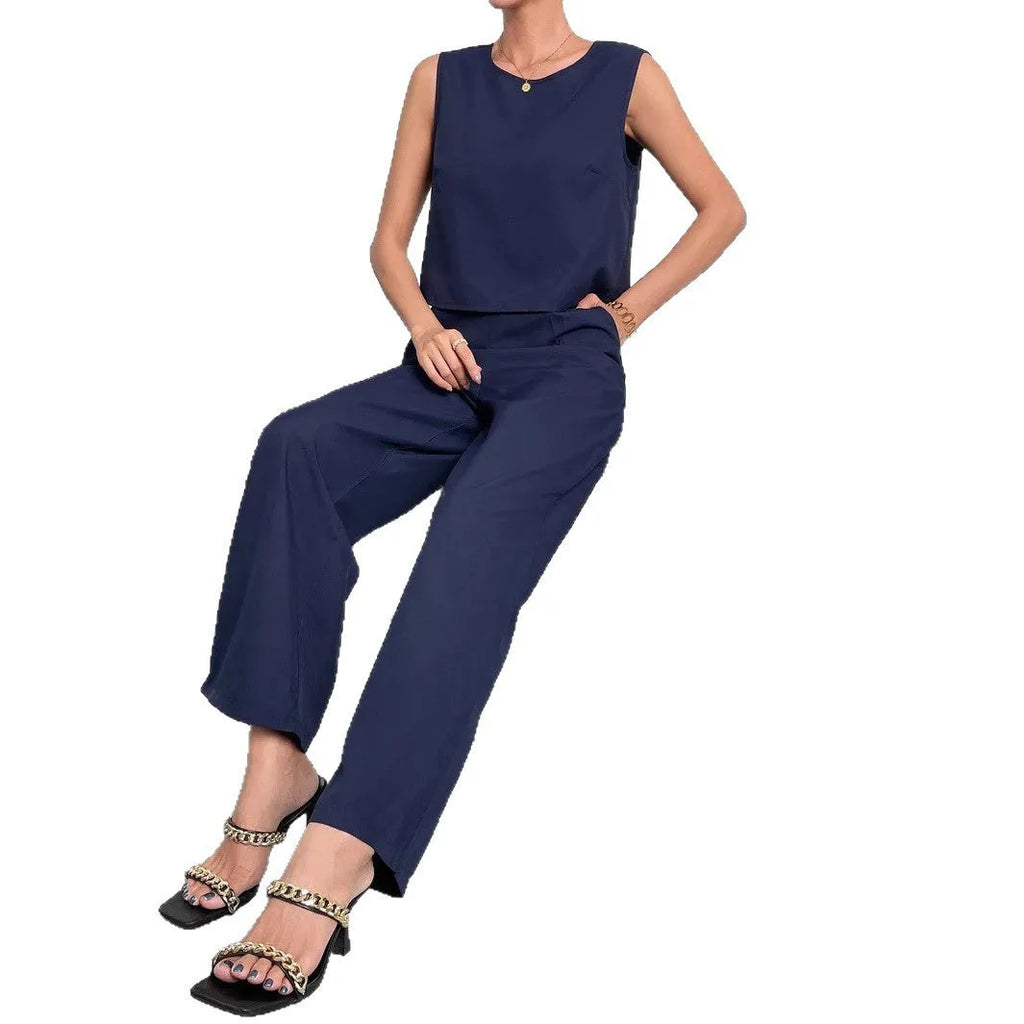 Red sleeveless top and wide leg trousers two-piece set on hanger