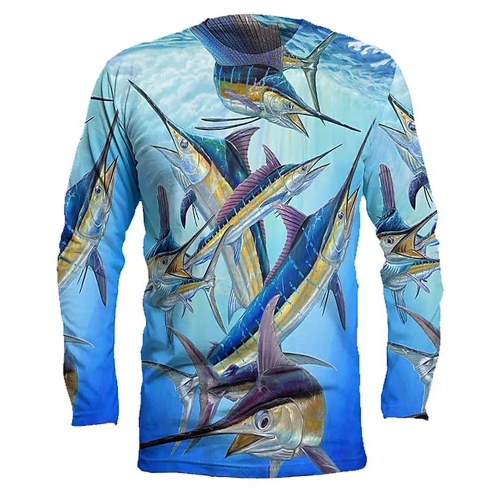 Men's grey long-sleeved pullover with a colourful fish graphic print on the chest.