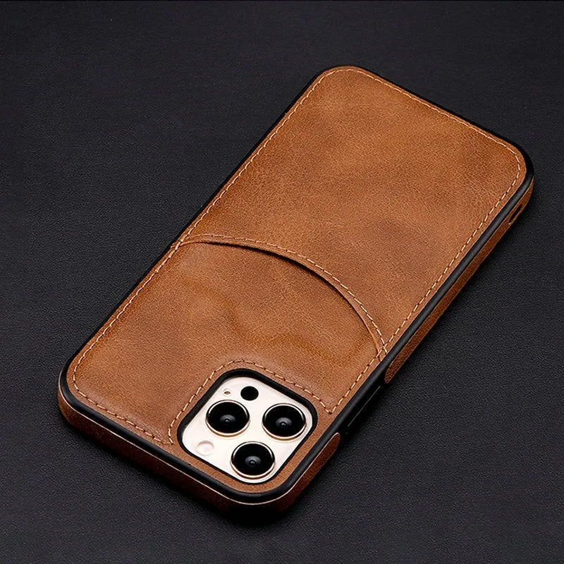 Dark blue PU leather protective case for iPhone models 7 through 14 Pro Max on a table.