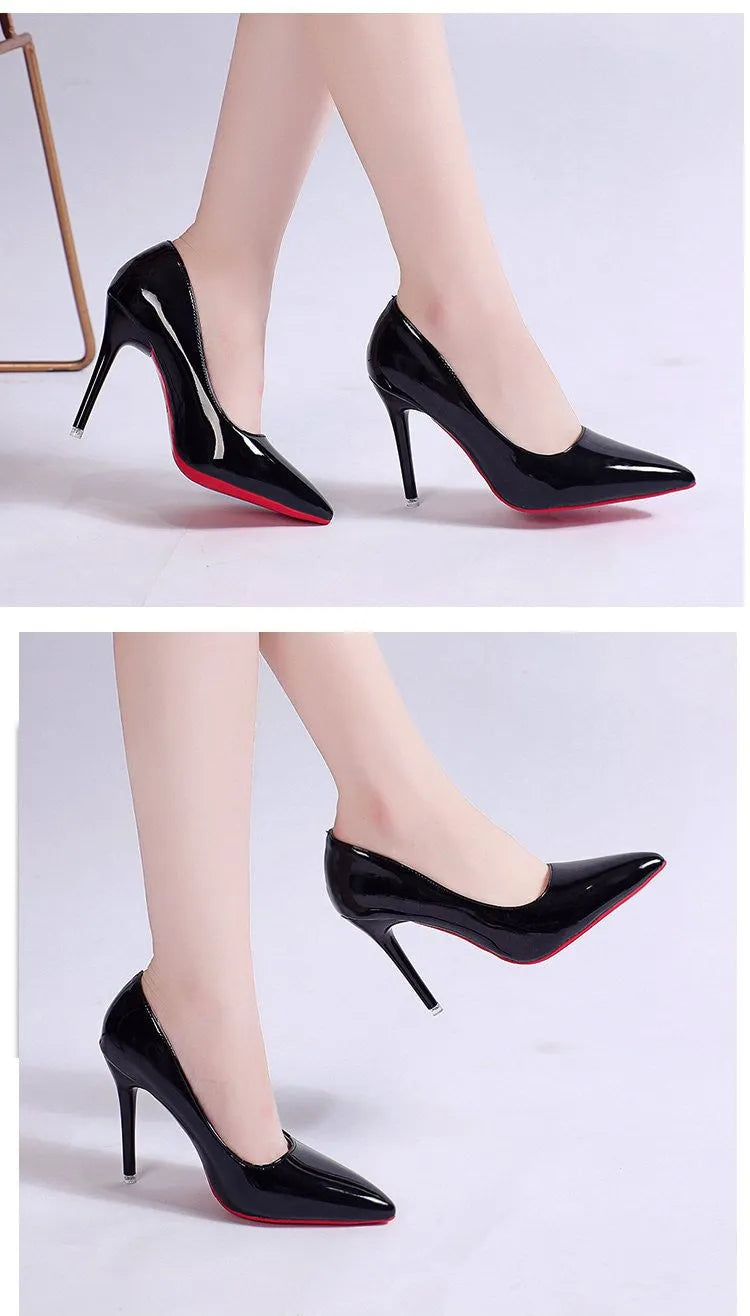 Women's black PU stiletto heel pump shoes with pointed toe and shallow mouth cutout design on white background