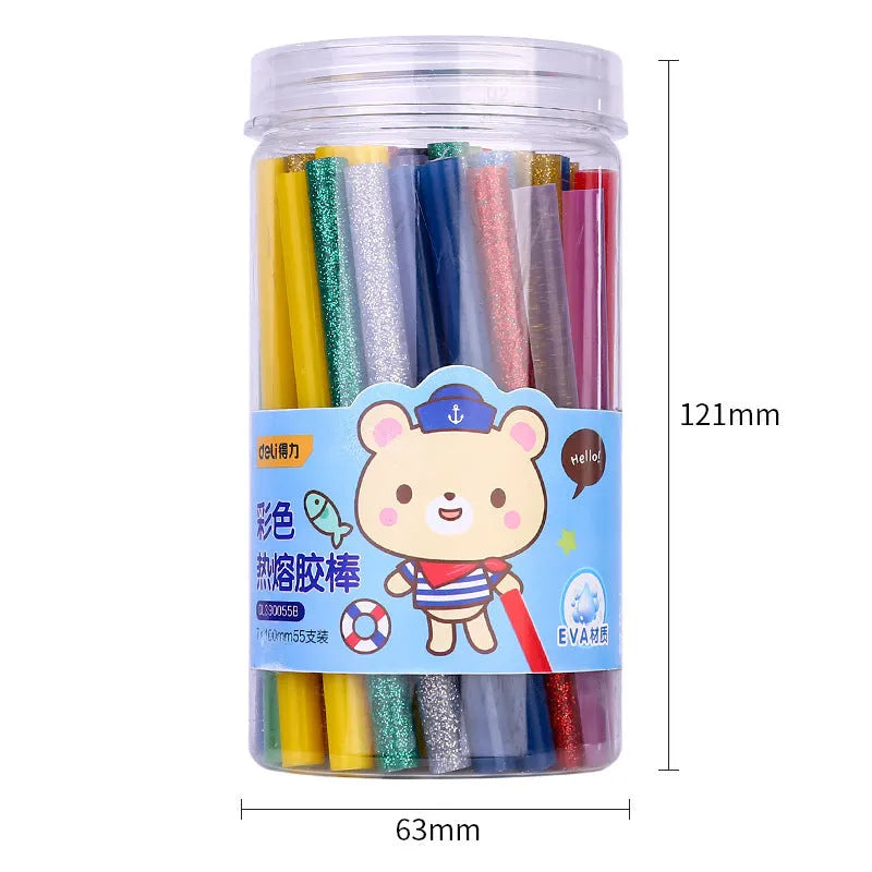Pack of 55 clear hot melt glue sticks showing 7mm diameter and 100mm length.