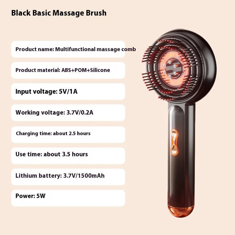 Red and blue light therapy massage hair comb in black or red plastic with Type-C charging port.