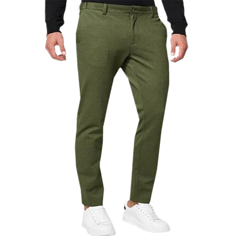 Men's slim-fit tapered chino trousers in army green colour with British style casual design