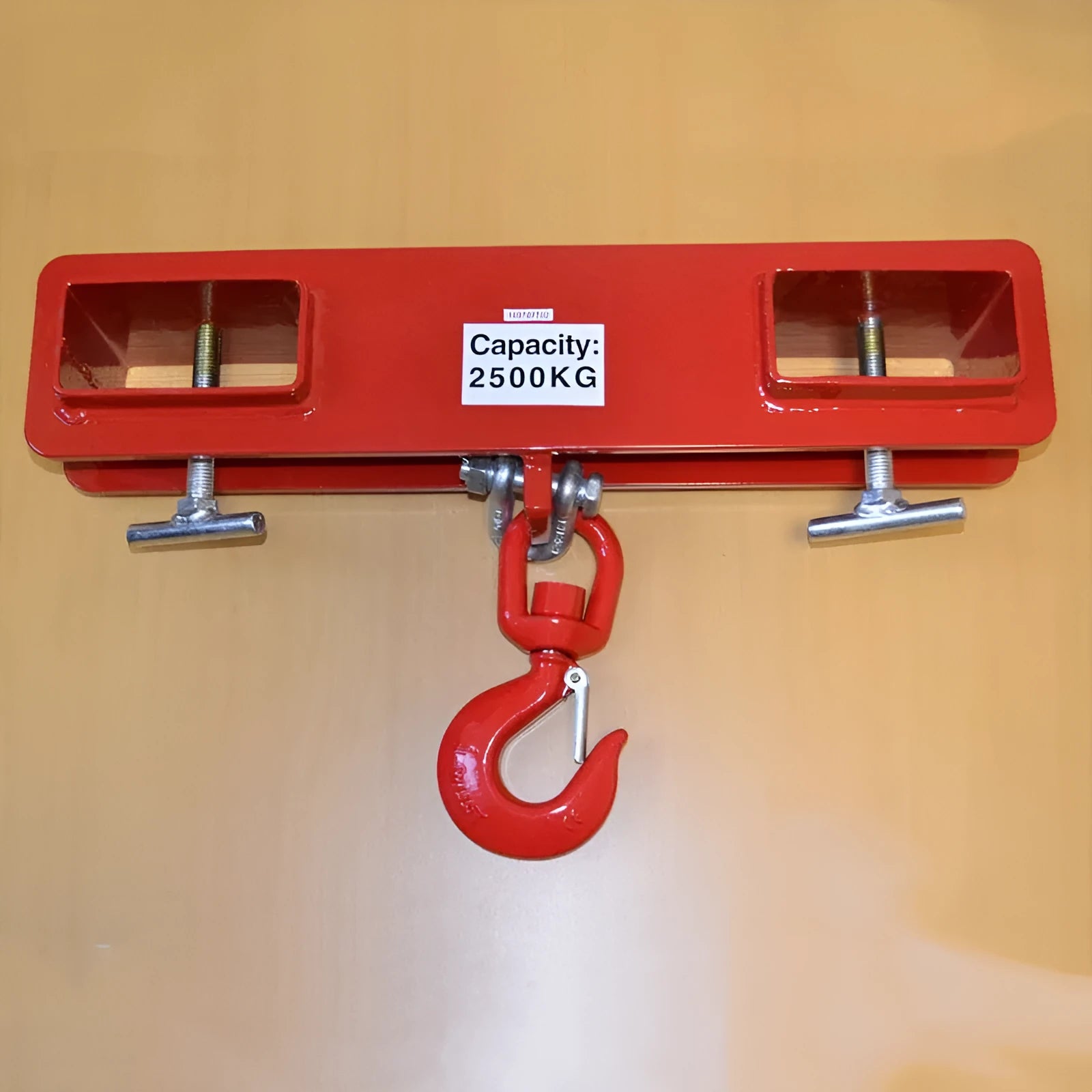 Iron forklift rotating drum hook with safety lock, showing the adjustable fork mounting bracket.