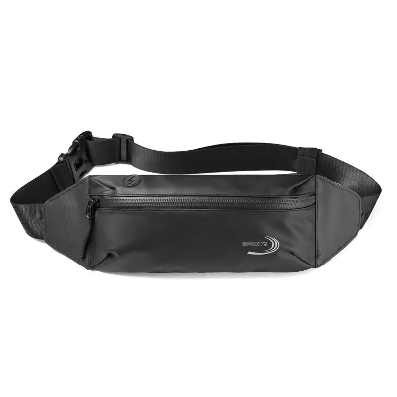 Blue waterproof polyester waist bag for men, shown on a waist, with adjustable strap.