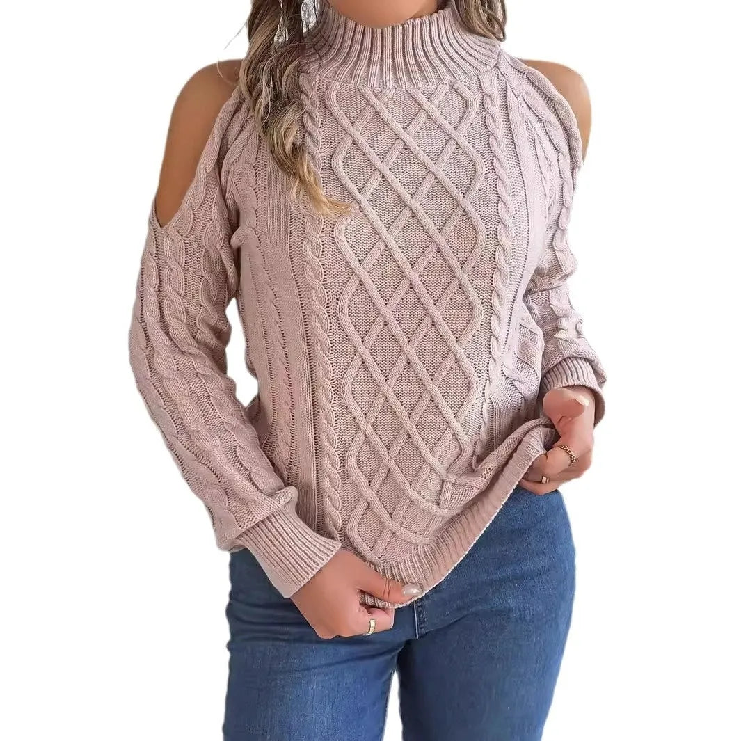 Women's twisted pattern acrylic sweater with strapless half-high collar and lantern sleeves