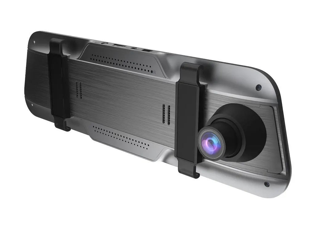 Black driving recorder rearview mirror with 10-inch touch screen displaying road footage