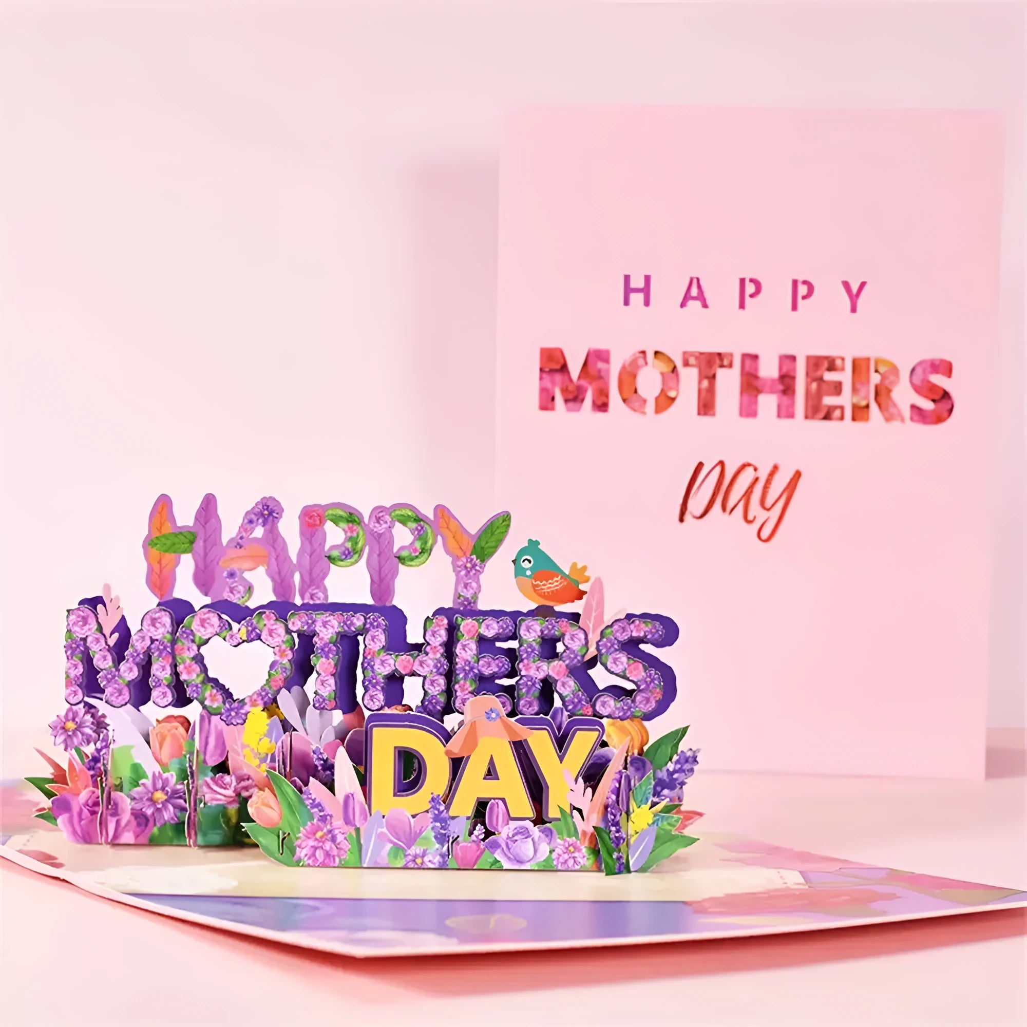 3D pop-up Mother's Day card with floral rose cutout and flower bouquet inside
