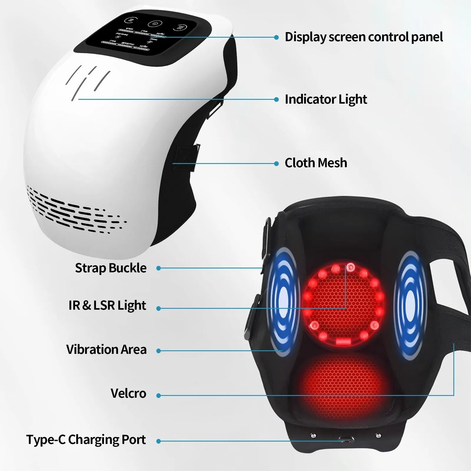 White wearable electric knee massager with straps, showing controls for kneading, heat, and vibration therapy.