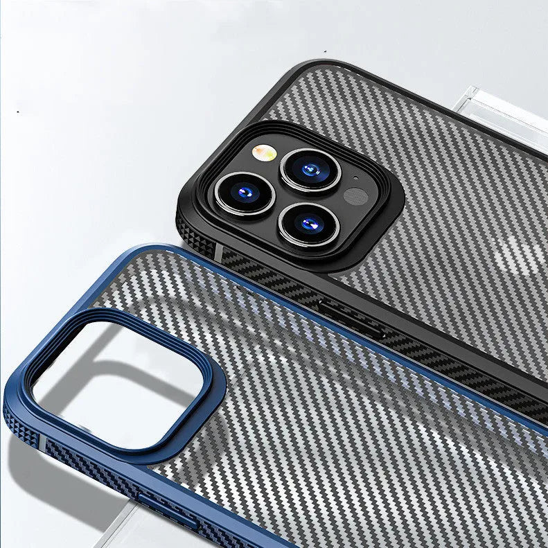 Black iPhone 13 protective case with carbon fibre pattern on a table