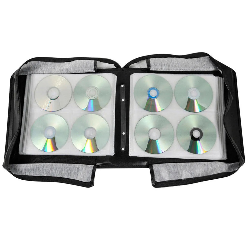 Black Oxford fabric CD DVD storage organiser bag with zipper closure and top hand strap.