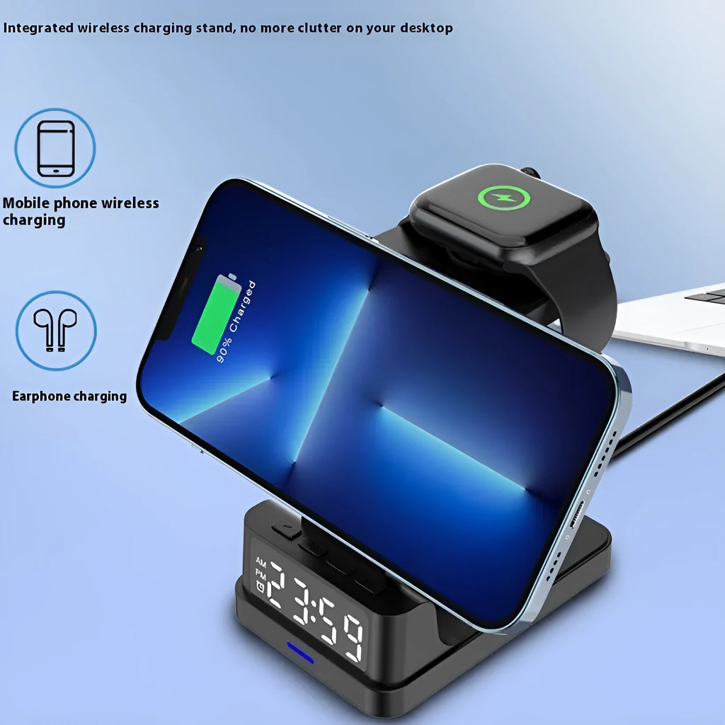 Black magnetic three-in-one 15W wireless charger with clock on a desk
