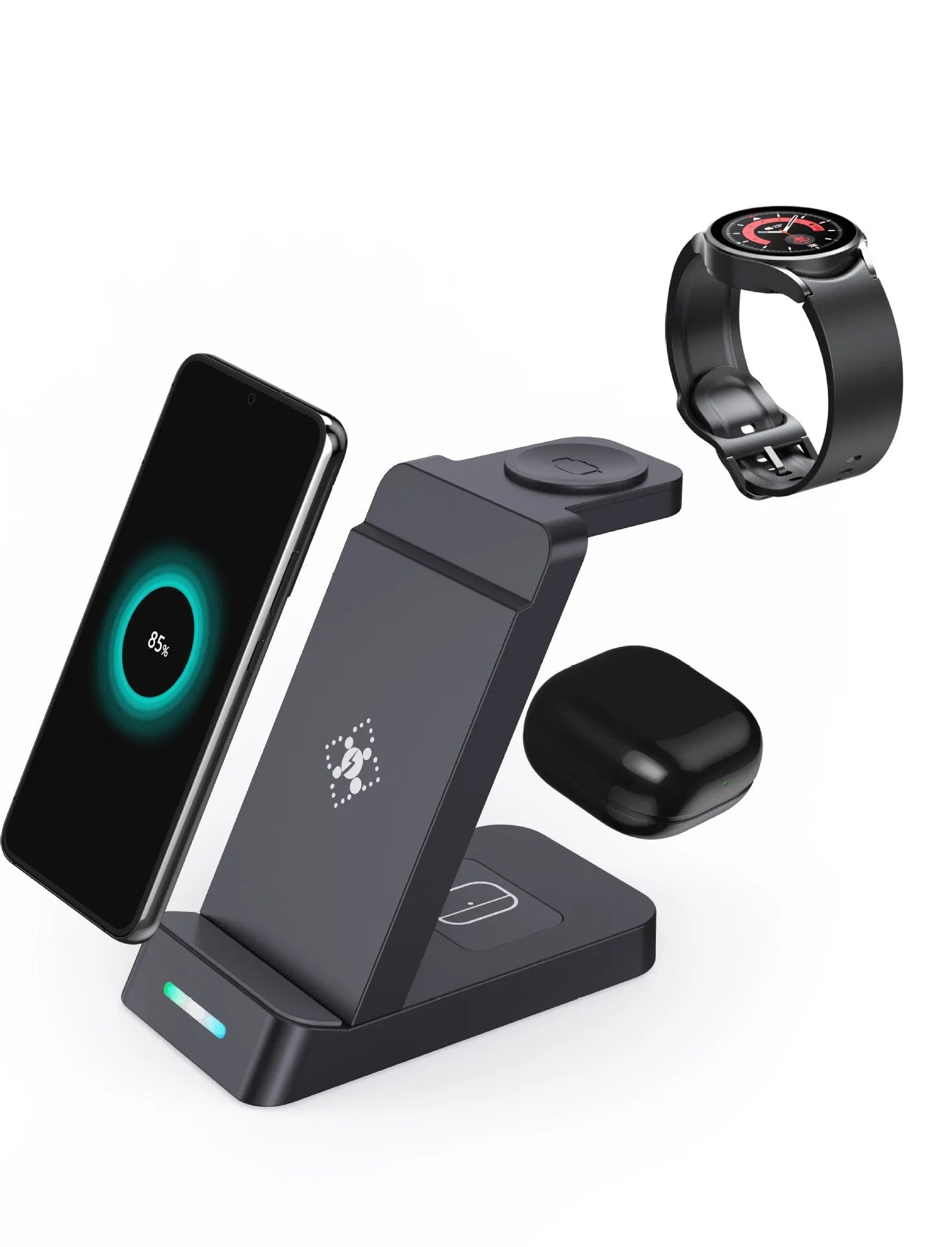 Black and white 65W three-in-one wireless charging dock for iPhone, Samsung, AirPods, and iWatch on a desk.