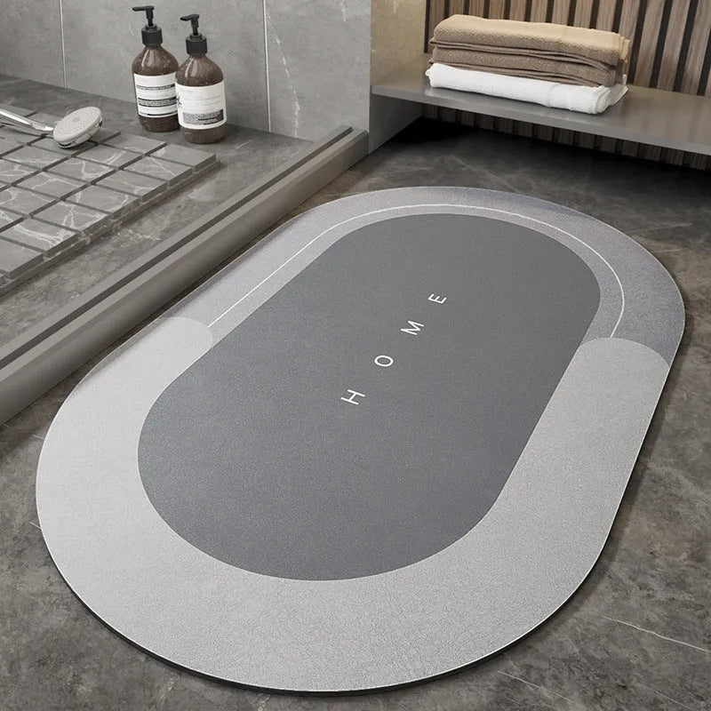 Blended material floor mat in blue colour with oval shape on bathroom floor