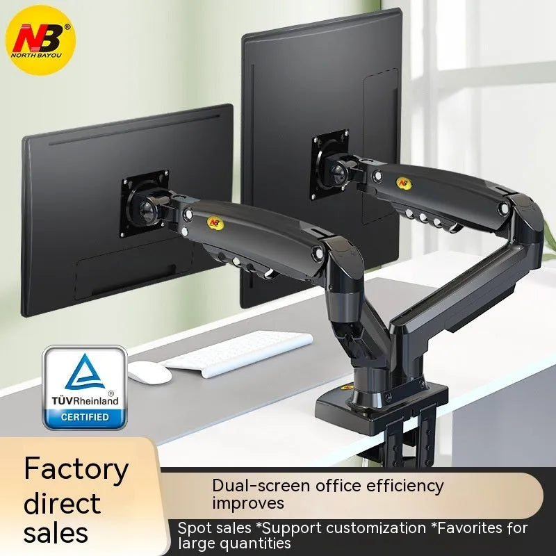 Black dual screen monitor bracket with height adjustment mechanism and VESA mounting compatibility