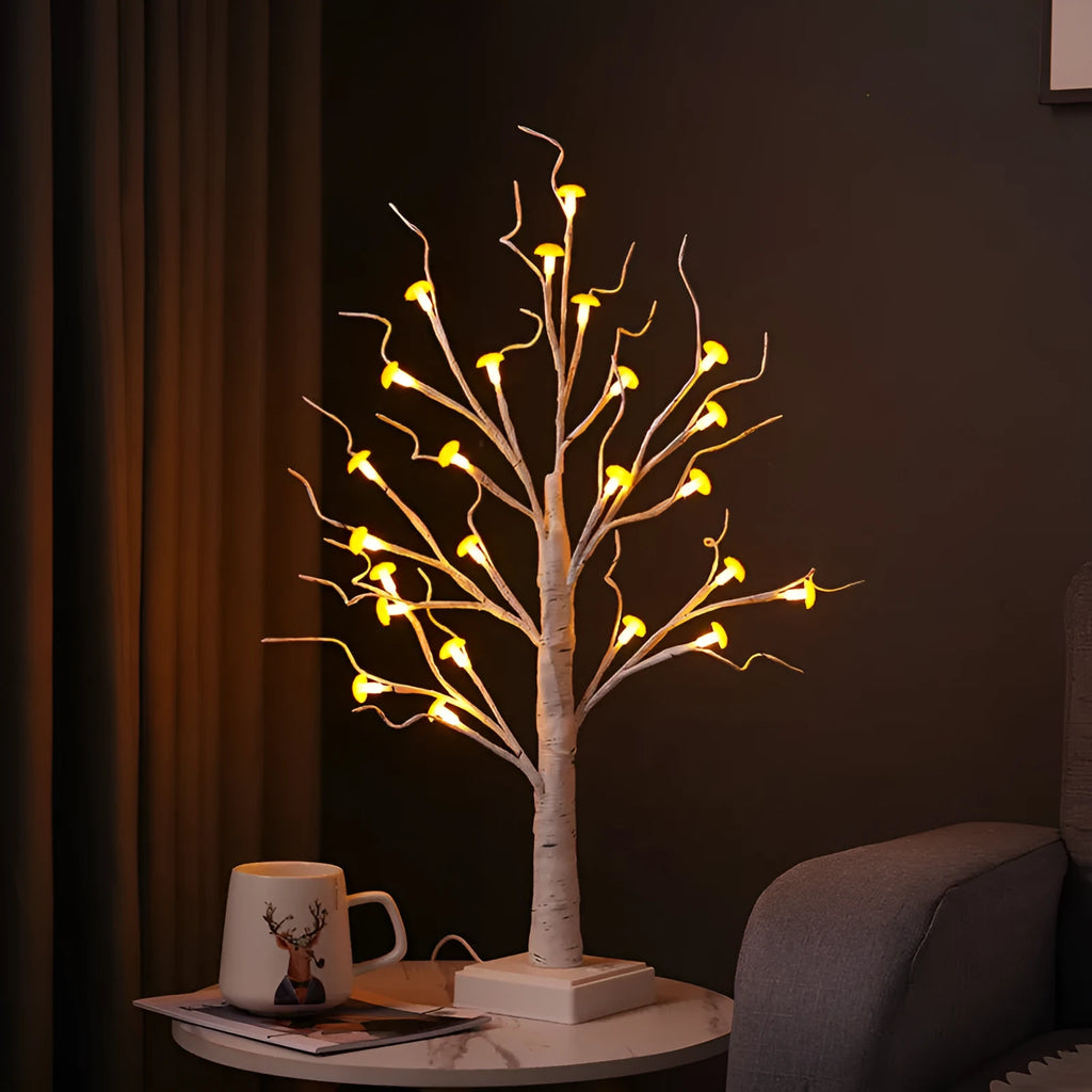 60cm tall plastic mushroom tree lamp with 24 white LED flowers on a warm white lit stand
