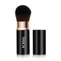 Single mini retractable makeup brush with aluminium tube and fibre wool bristles, 9cm long, available in black or red