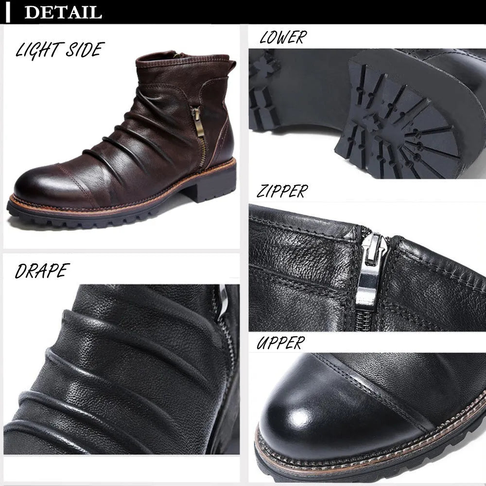 Mid-calf black cowboy boots with side zipper and embossed leather-like finish