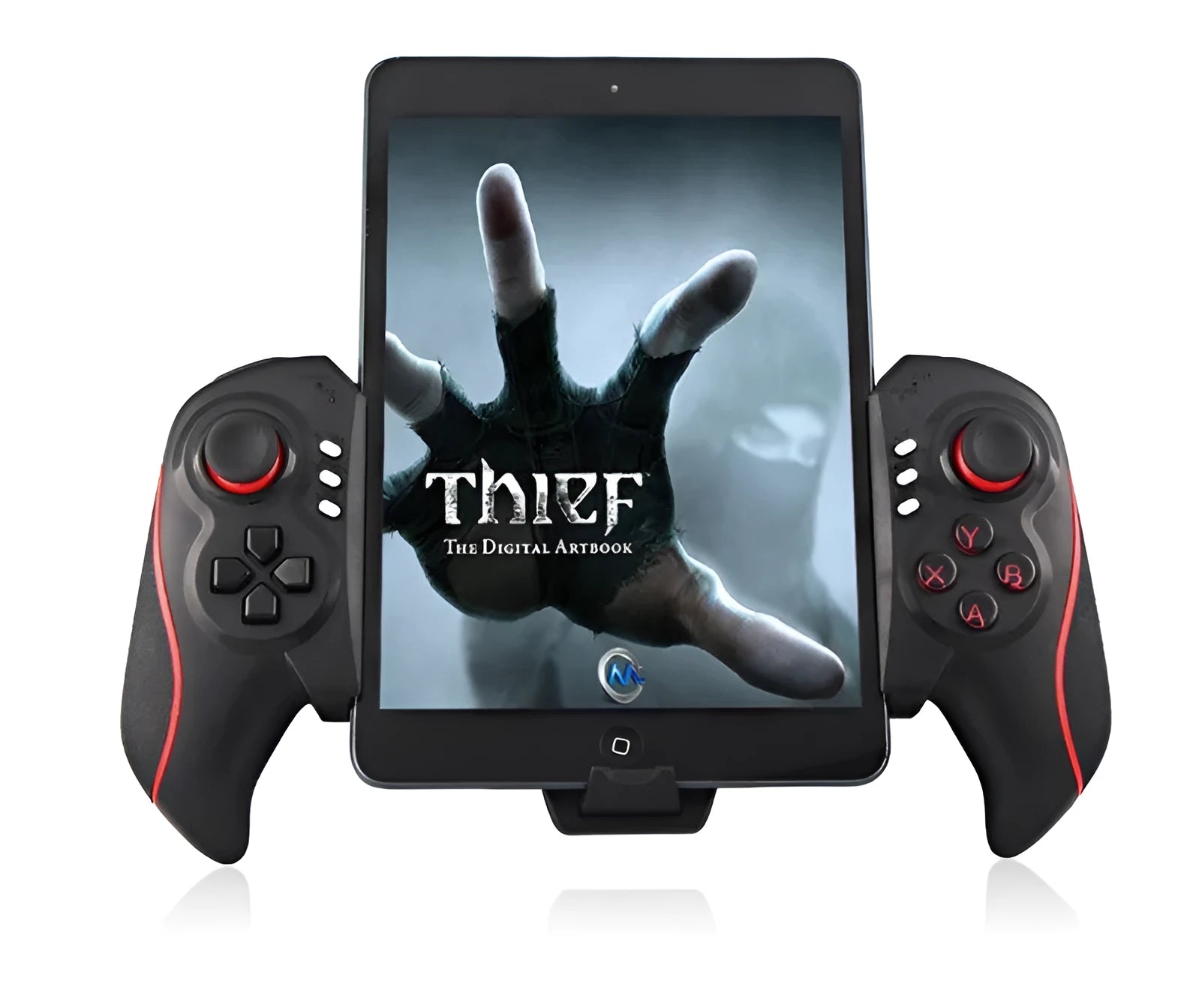 Black wireless telescopic game controller extended to hold a mobile phone, with buttons and joysticks visible.