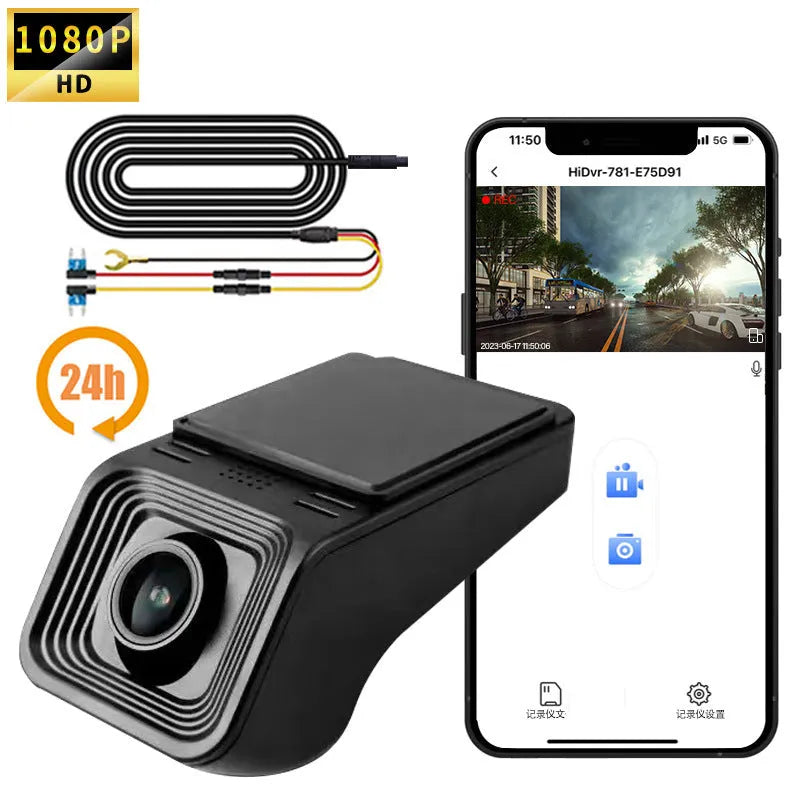 V4 ACC model HD night vision car dashboard camera with 1080p recording and WiFi symbol.