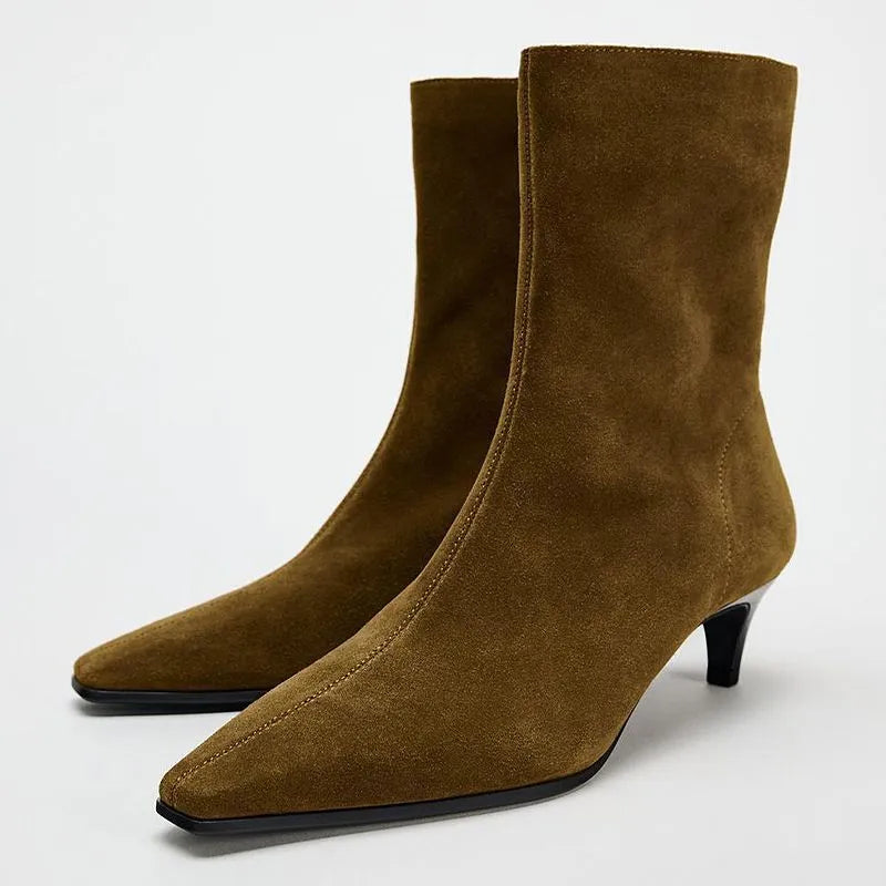 Brown square toe high heel ankle boot with side zipper and waterproof platform sole