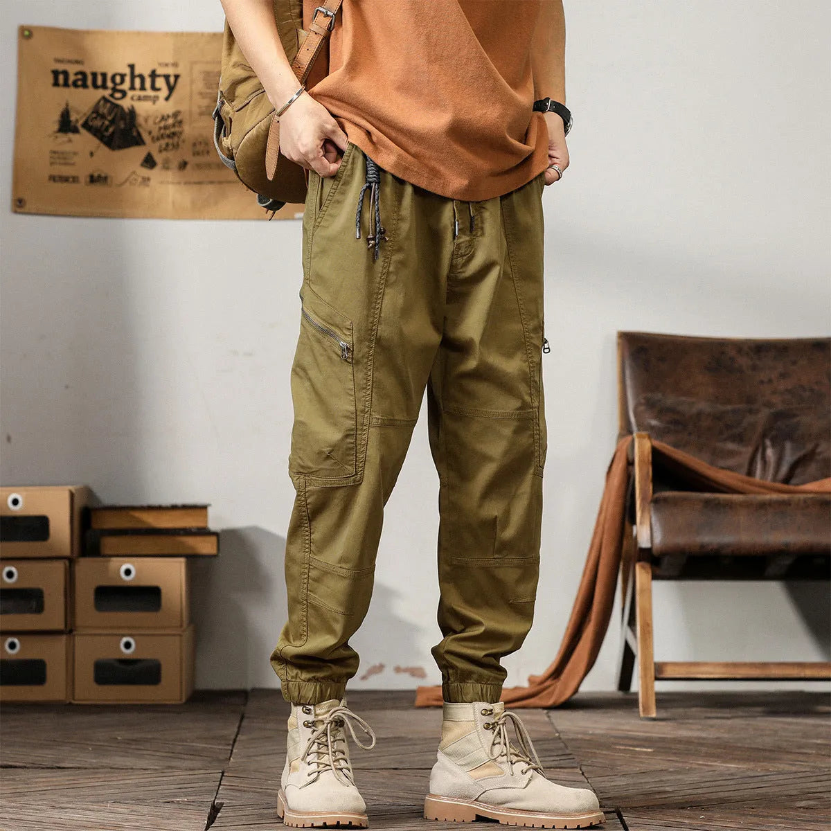 Men's cotton tapered harem pants with ankle banding in black, coffee, khaki or peacock green