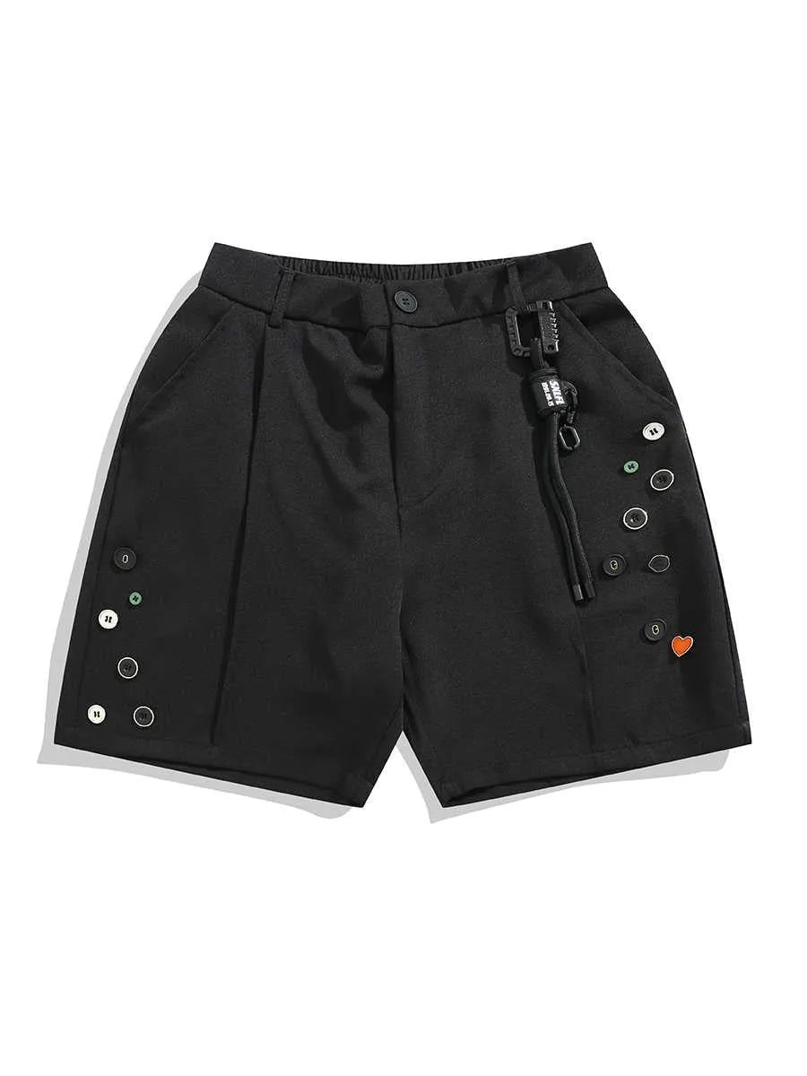 Men's black loose-fit shorts with semi-elastic waistband and colour button closure