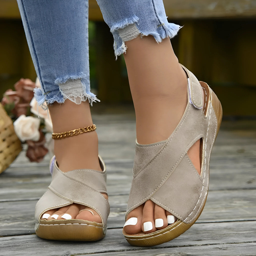Roman platform wedge sandals with Velcro strap in coffee colour on a rubber sole.