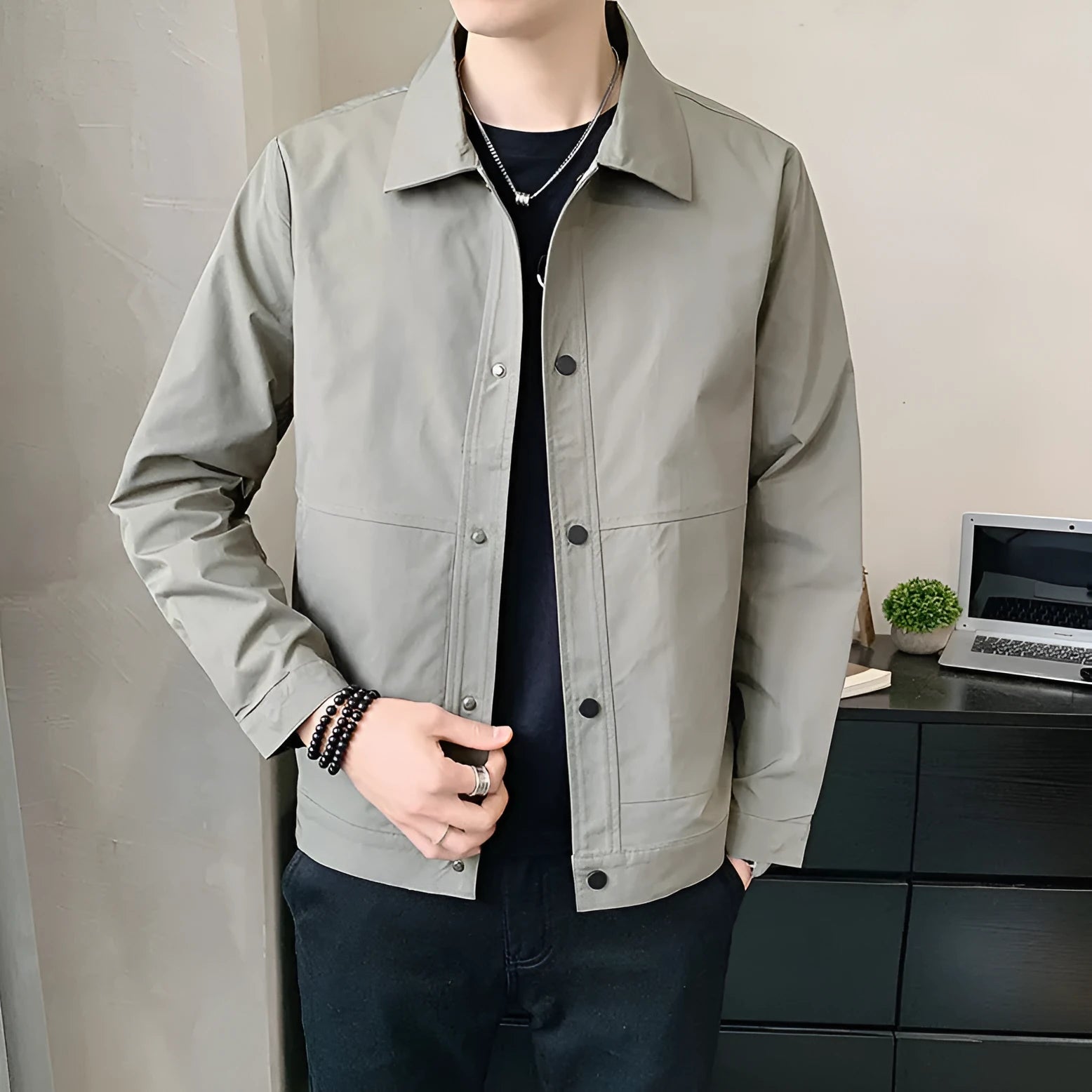 Men's lightweight Korean-style single-layer jacket in polyester, shown in a neutral colour.