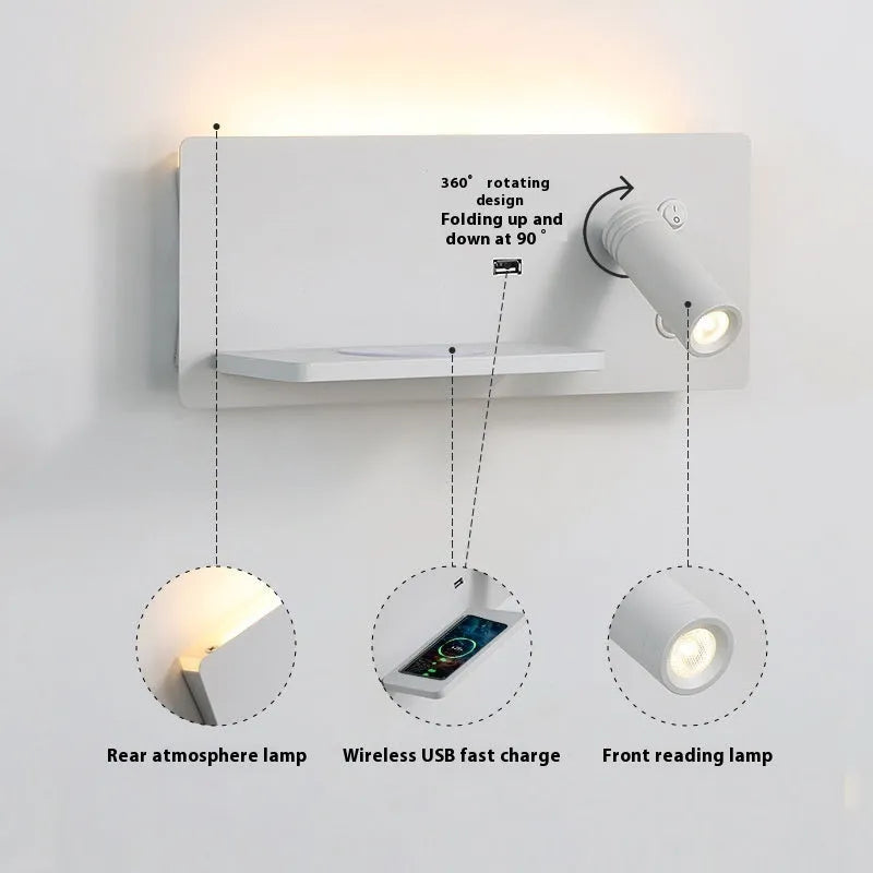 Modern bedside wall lamp with wireless charging base and warm LED light in iron shade