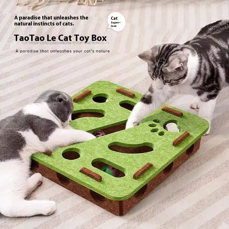 Square green brown felt cat toy box with hole for pawing play