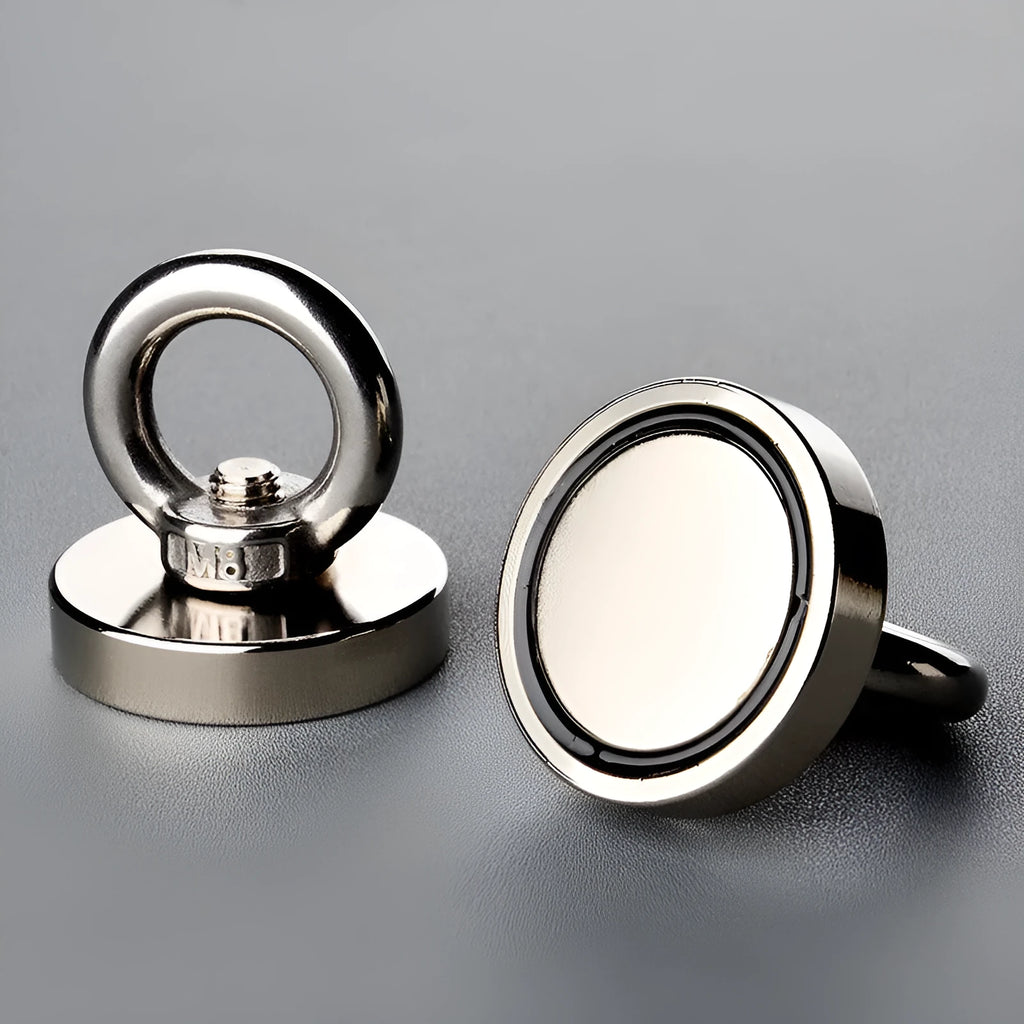 Round 60mm NdFeB salvage magnet with black coating, attached to a rope and metal ring