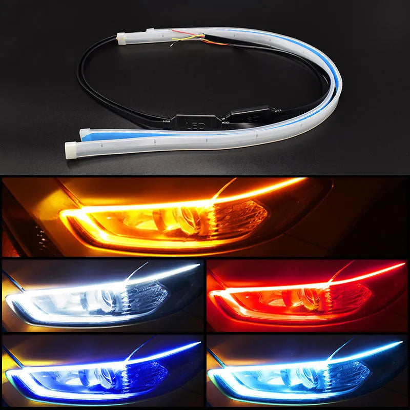 Car LED daytime running light strip with flowing turn signal indicator in silicone housing