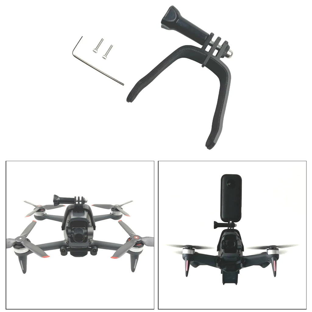 3D printed hard plastic FPV drone expansion bracket for GoPro cameras with a soft sponge pad.