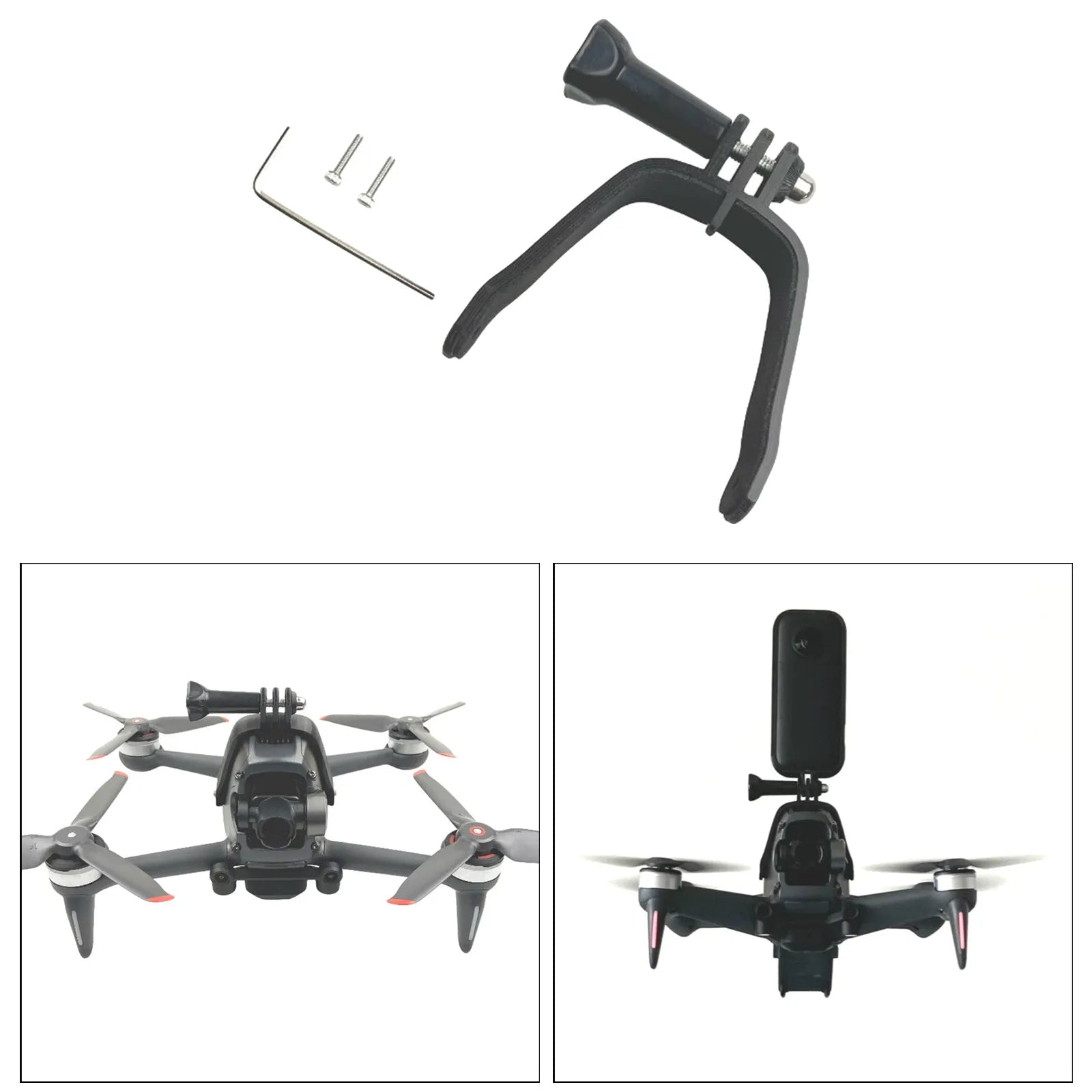 3D printed hard plastic FPV drone expansion bracket for GoPro cameras with a soft sponge pad.