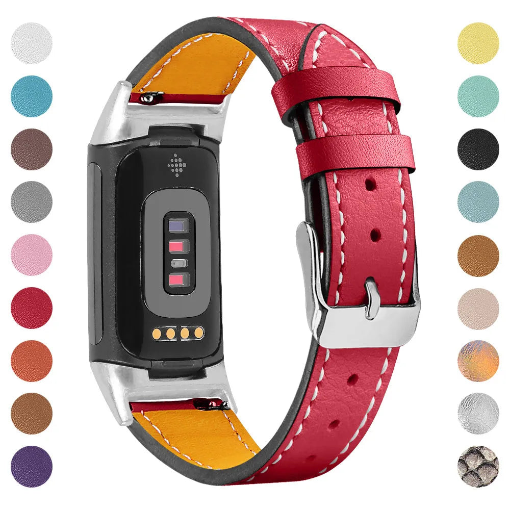 Genuine cowhide leather strap for Fitbit Charge 5 smartwatch in various colours