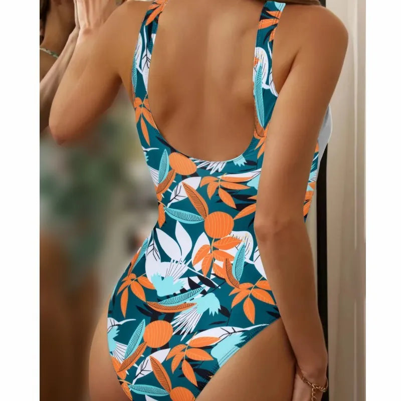 Women's high waist one-piece swimsuit in printed pattern, available in black or white.